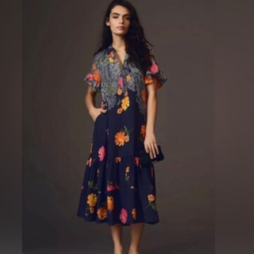 131 Anthropologie Floral Ruffle Blue Motif Maxi Dress Size 2x
